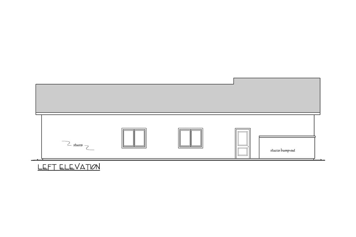 Left elevation house plan with stucco exterior, two windows, one door, and a stucco bump-out.