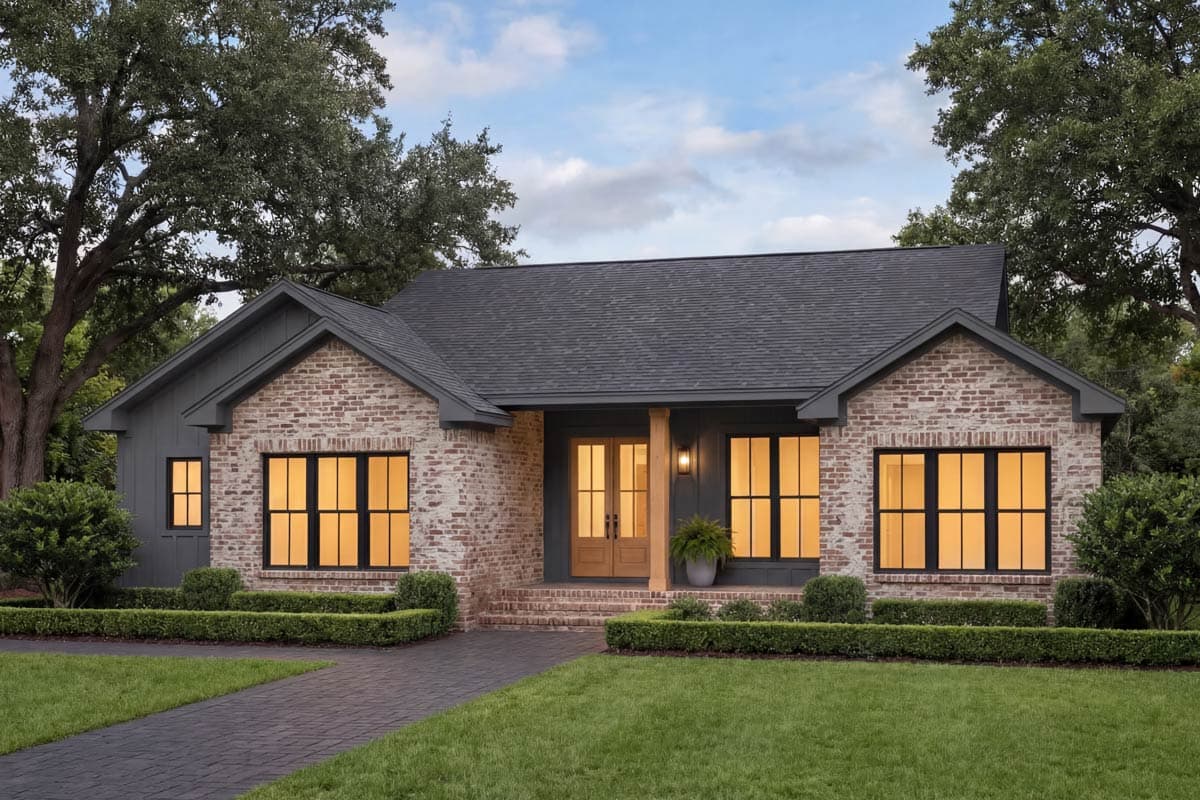 House plan exterior: One-story modern farmhouse with brick and dark siding, prominent gables, and double entry doors.