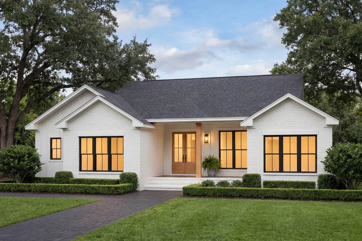 Modern Farmhouse exterior with white brick, gabled rooflines, a covered porch with wooden supports, and large grid windows.