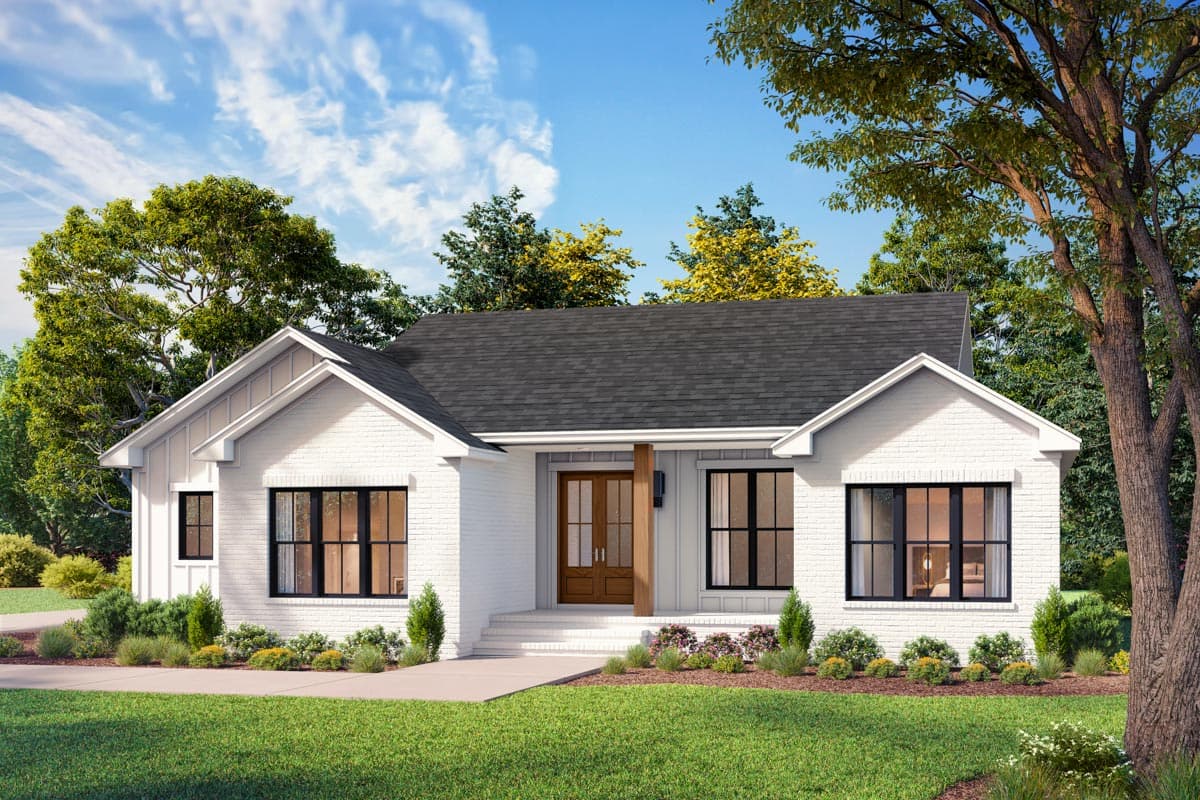 House plan exterior. Modern Farmhouse style with a single story, gabled roof, brick facade, and covered entryway.
