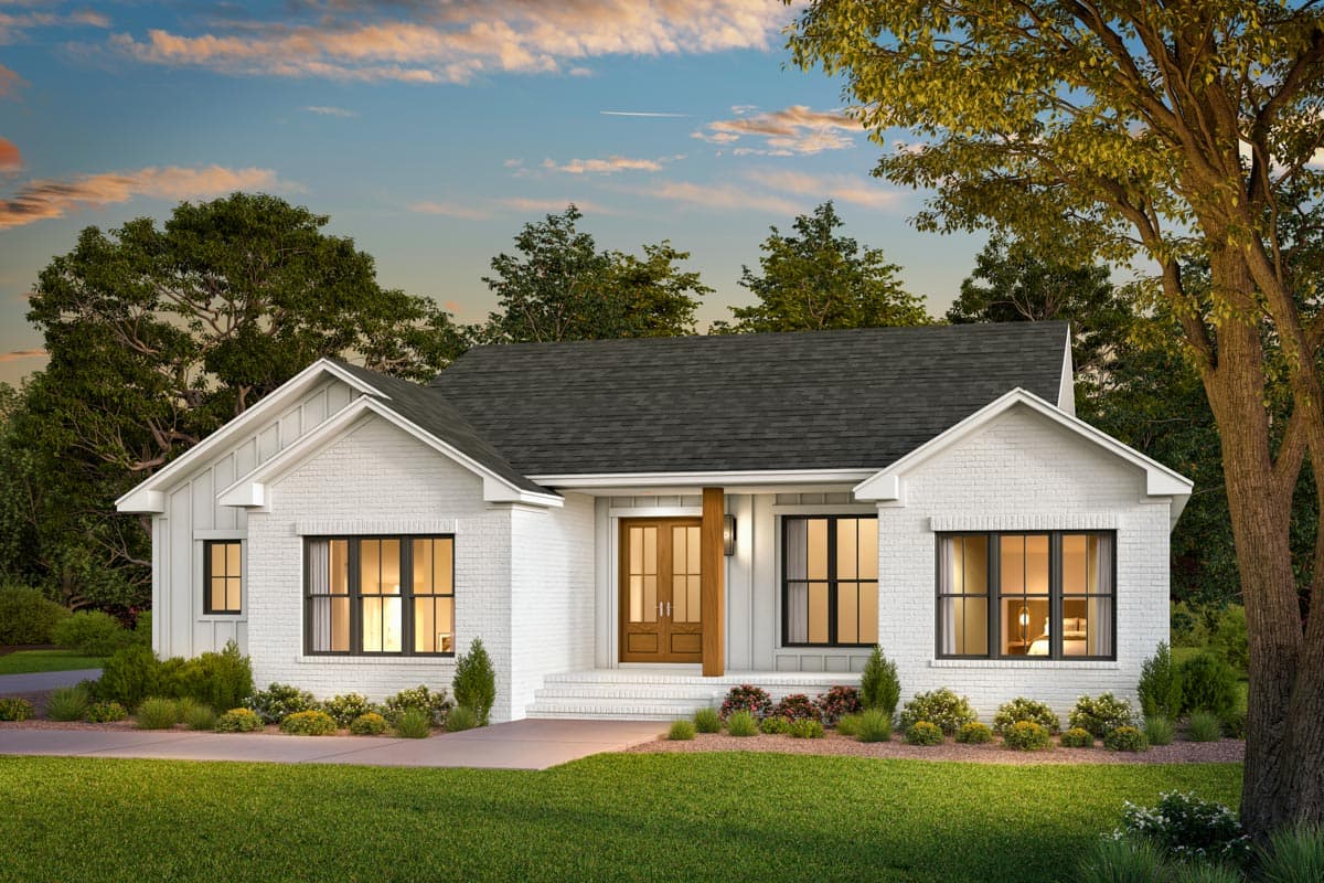 Modern Farmhouse house plan exterior with white brick, gable accents, covered entry with wood beams, and multiple large windows.