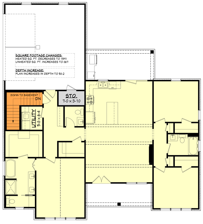 Plan 51996HZ: 3-Bed Modern Farmhouse Plan with Split Bedrooms Under 1600 Sq Ft - Floor Plan - Main Level - Basement Stair Location - Modern Farmhouse, New American, Ranch, Transitional