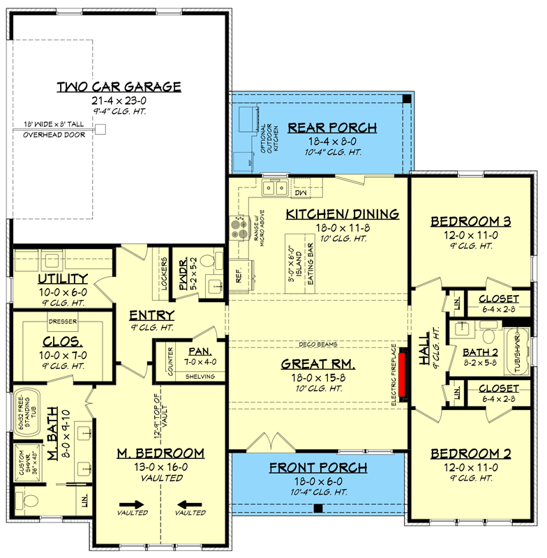 Plan 51996HZ: 3-Bed Modern Farmhouse Plan with Split Bedrooms Under 1600 Sq Ft - Floor Plan - Main Level - Modern Farmhouse, New American, Ranch, Transitional