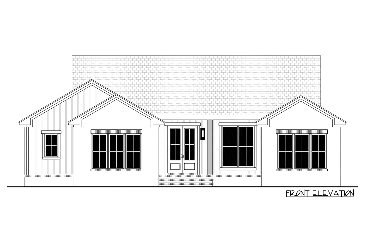 Front elevation of a one-story house plan with double front doors, prominent gables, and brick and board-and-batten siding.