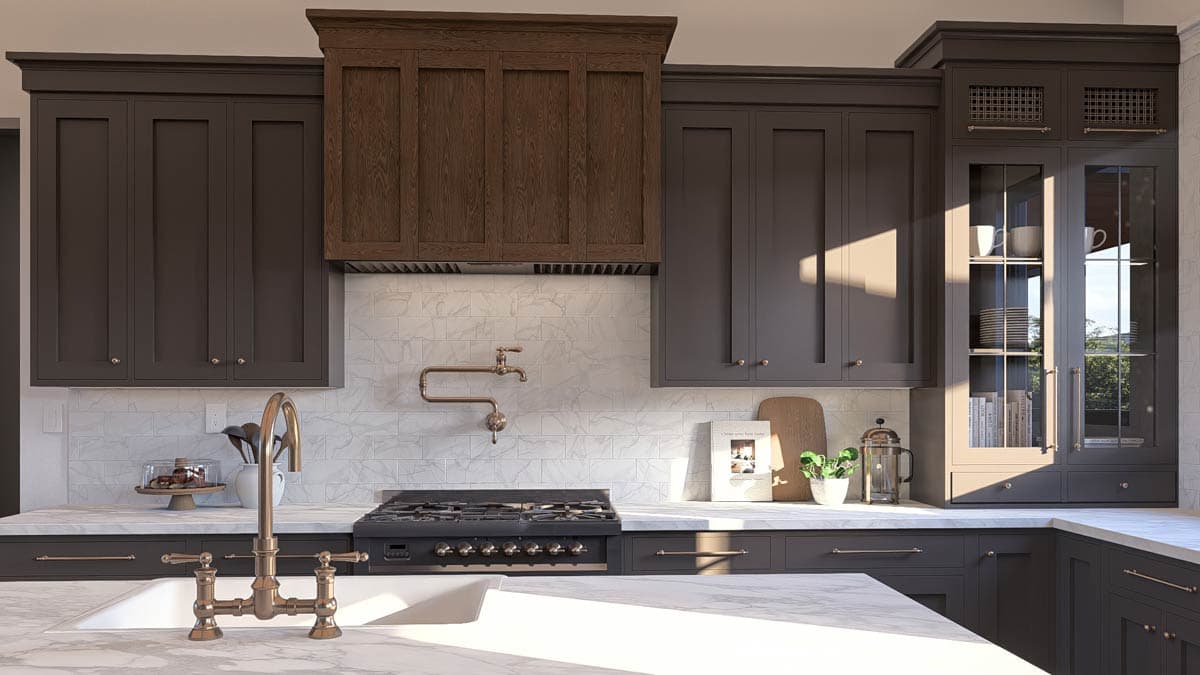 Kitchen rendering with dark cabinets, marble backsplash, gas range, and brass pot filler.
