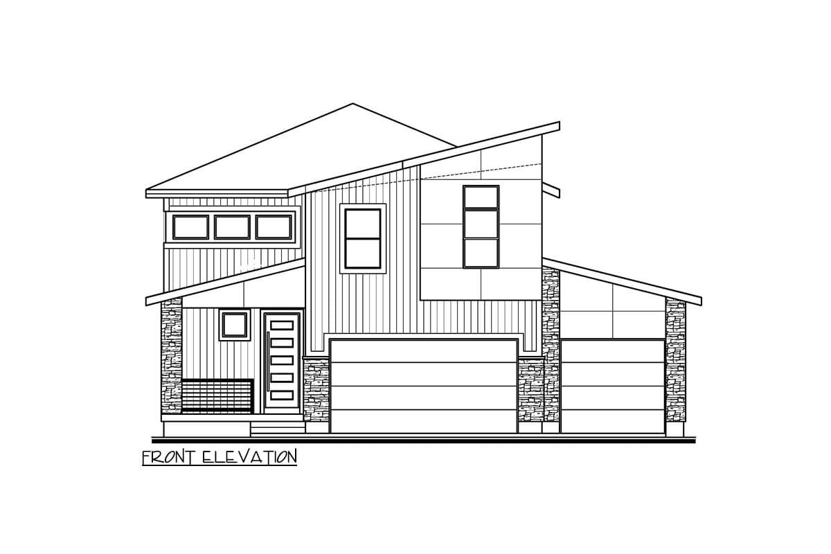 Front elevation drawing of a two-story house plan featuring a contemporary roofline, multiple gables, and stone accents.