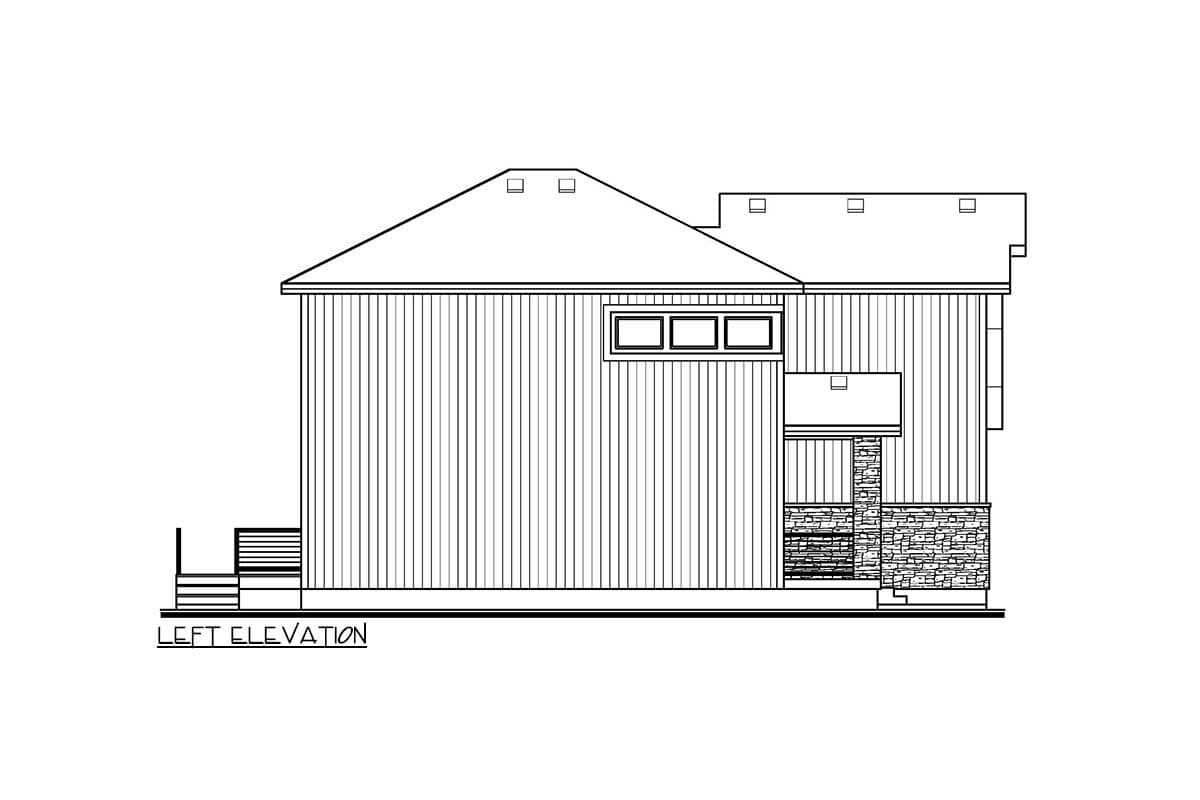 Left elevation drawing of a house plan with vertical siding, stone-clad chimney, and horizontal band of three windows.