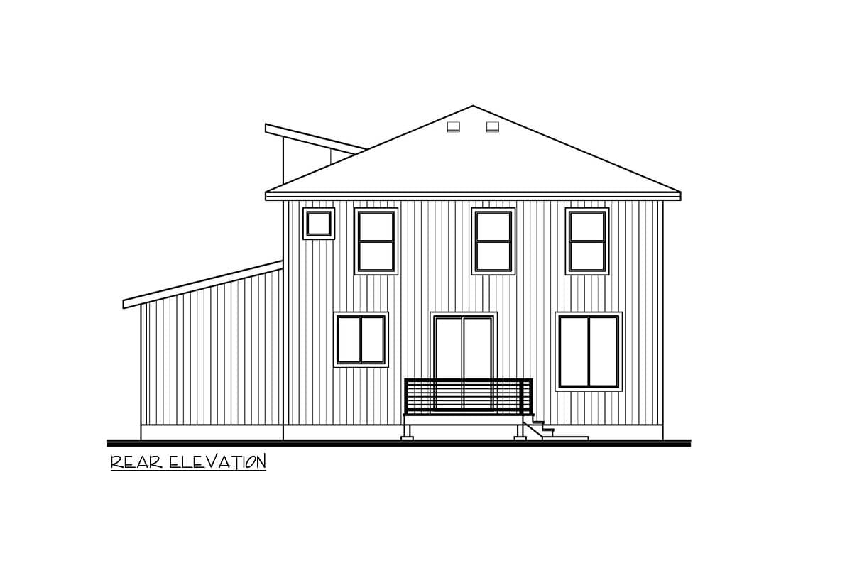 Rear elevation drawing of a two-story house plan with a sloping roofline, multiple windows, and a rear deck.