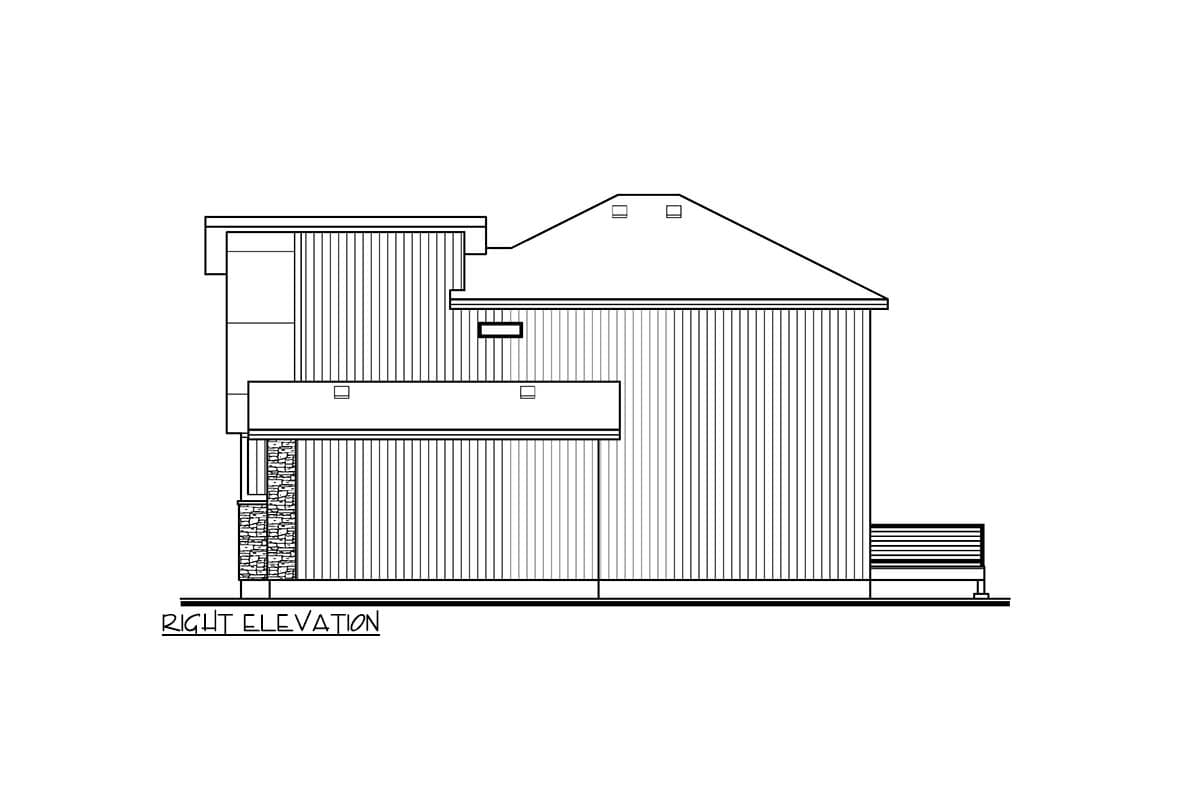 Right elevation of a two-story house plan with a sloped roof, vertical siding, and stone accent.