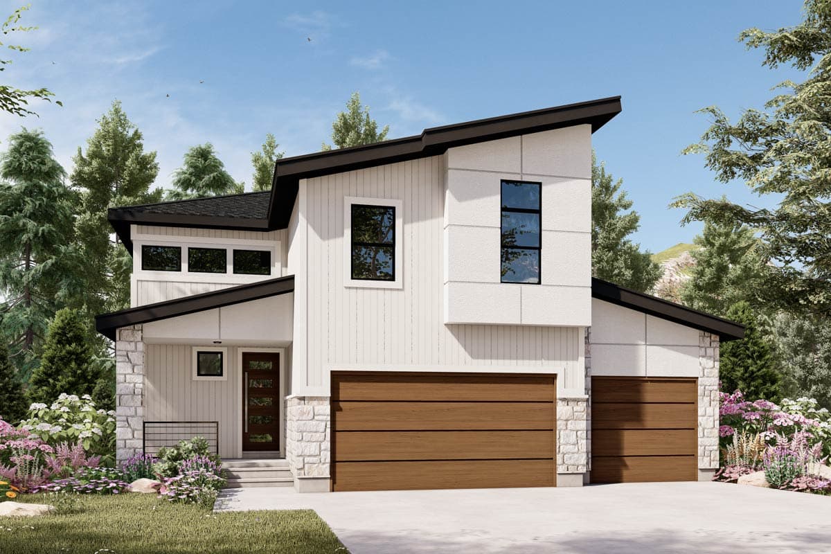 House plan exterior with two stories and Modern design. Features include a sloped roof, stone accents, and two-car garage. Windows are rectangular.