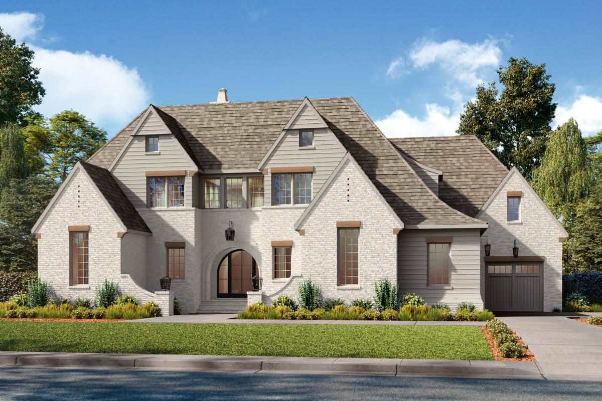 House plan exterior with stone and siding facade, arched entry, multiple gables, and attached garage. Two stories with a multi-gabled roofline.