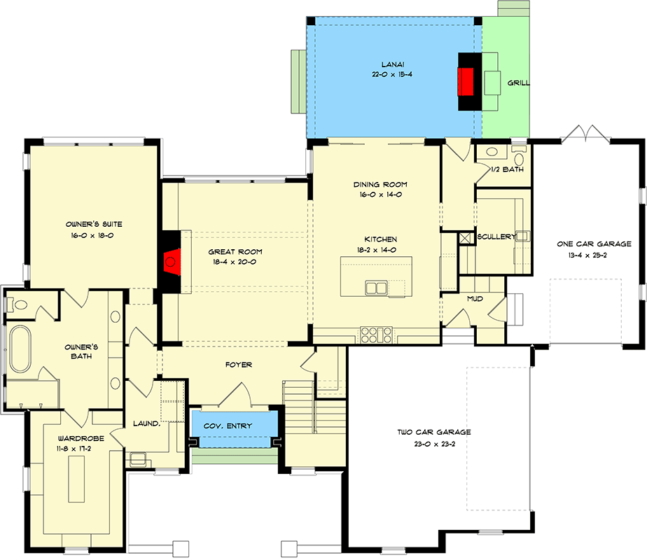 Plan 93225EL: Two-Story European House Plan with Outdoor Kitchen and Outdoor Fireplace - 4148 Sq Ft - Floor Plan - Main Level - European
