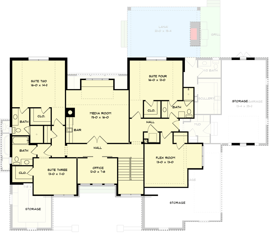 Plan 93225EL: Two-Story European House Plan with Outdoor Kitchen and Outdoor Fireplace - 4148 Sq Ft - Floor Plan - 2nd Floor - European
