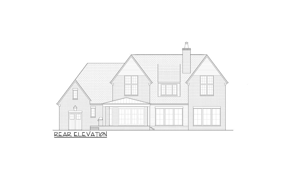 Rear elevation drawing of a two-story house with gables, dormers, a covered porch, and a chimney.
