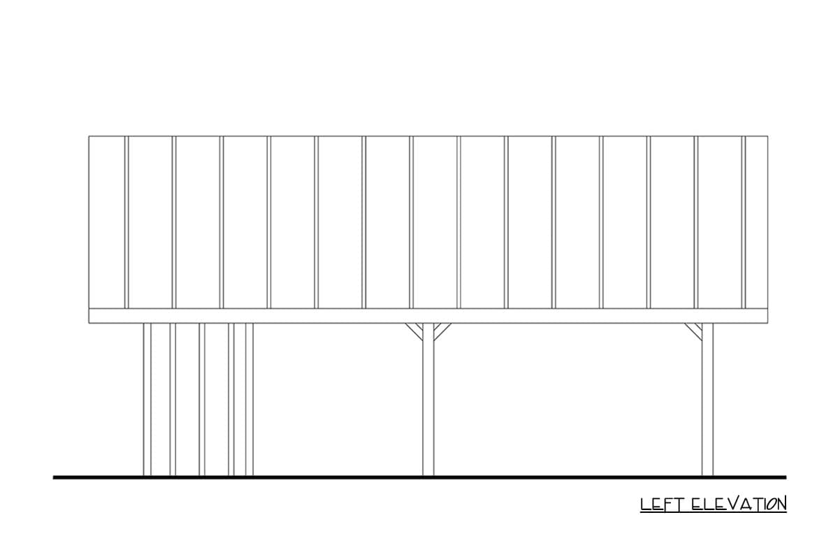Left elevation drawing of a house plan showing a raised structure with vertical supports and paneling.