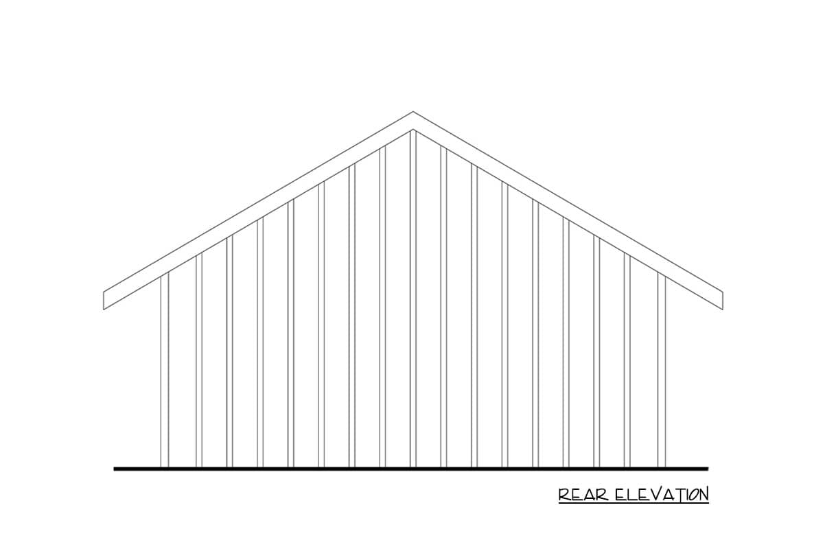 Rear elevation drawing showing a gable roofline supported by vertical rafters.
