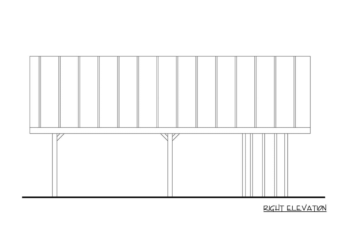 Right elevation drawing of a house plan showing vertical siding on a raised structure supported by posts.