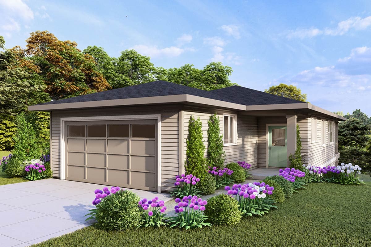 House plan exterior. One-story house with a flat roof, attached garage, and a covered front entry.  Siding and landscaping visible.