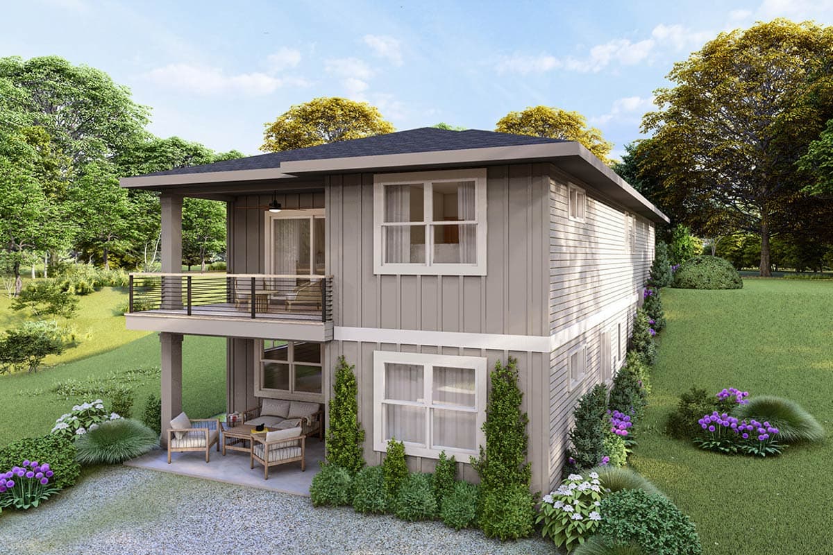 Modern two-story house plan exterior with upper balcony, covered lower patio, and board-and-batten siding.