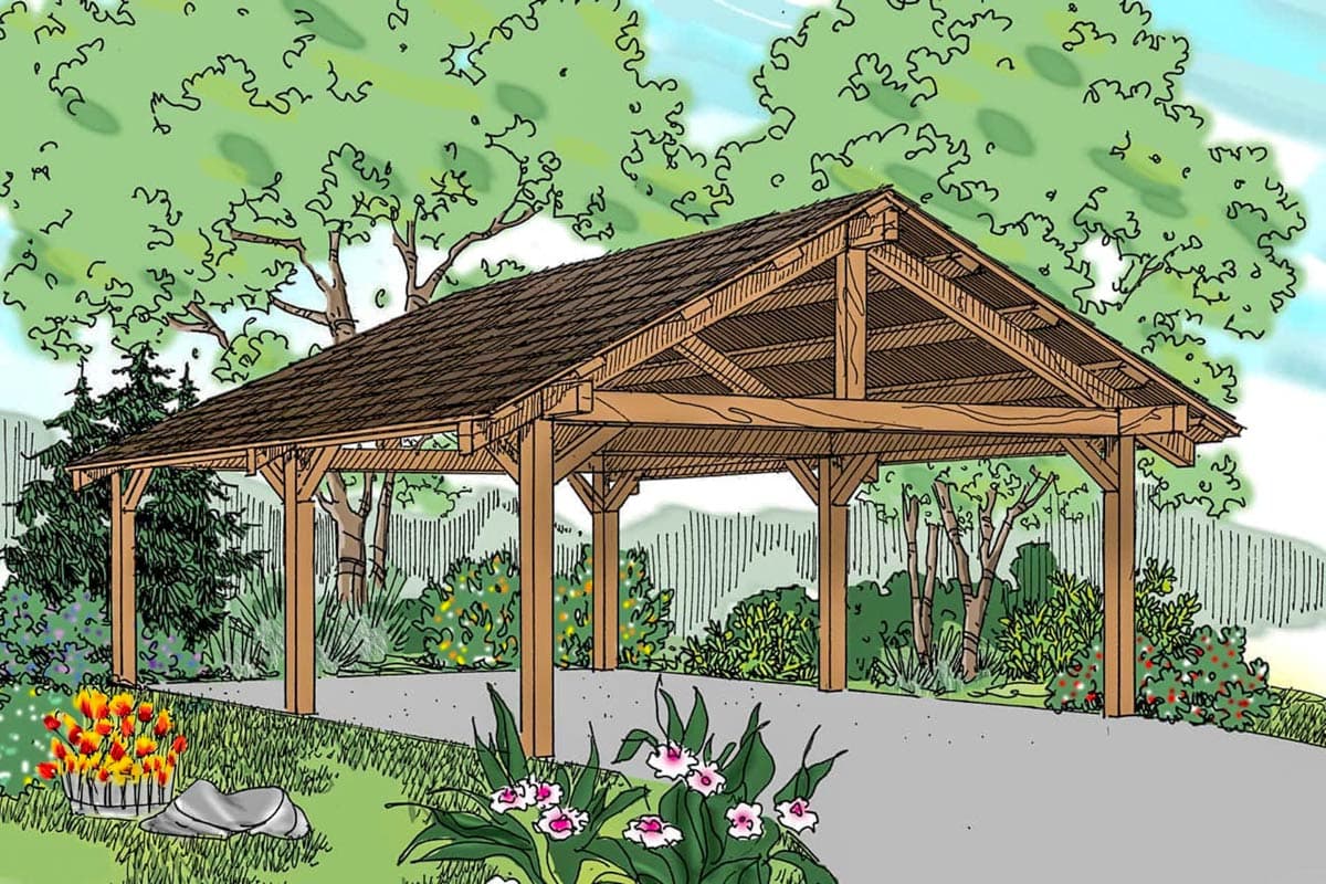 House plan exterior. A single-story structure with a gabled roof supported by wooden posts. Exposed rafters and a covered walkway are visible.