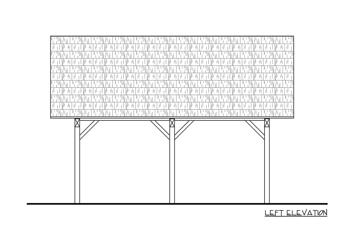 Left elevation drawing of a structure with a shingled roof supported by three posts and diagonal bracing.