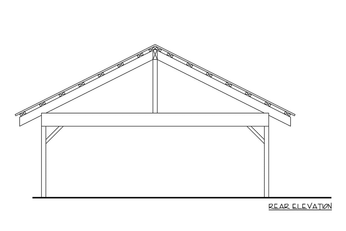 Rear elevation drawing of a structure with a gabled roof and visible rafters supported by a horizontal beam and posts.
