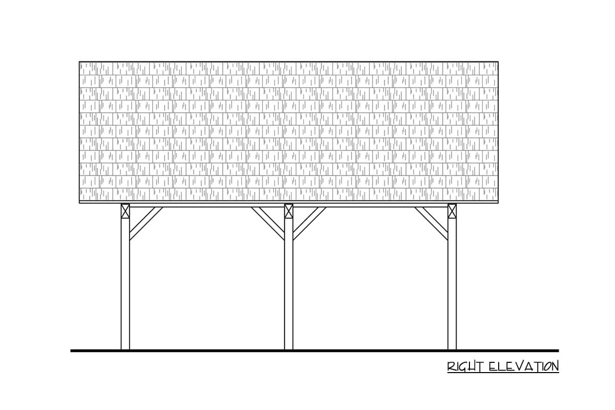 Right elevation drawing of a covered structure with a shingled roof supported by visible posts and diagonal braces.
