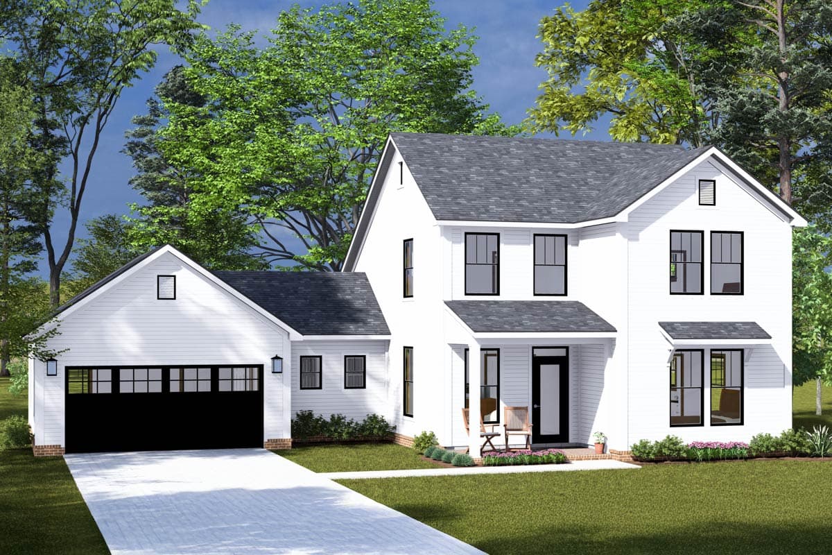 Two-story house plan exterior with a farmhouse style. Features include gabled rooflines, a front porch, and an attached garage.