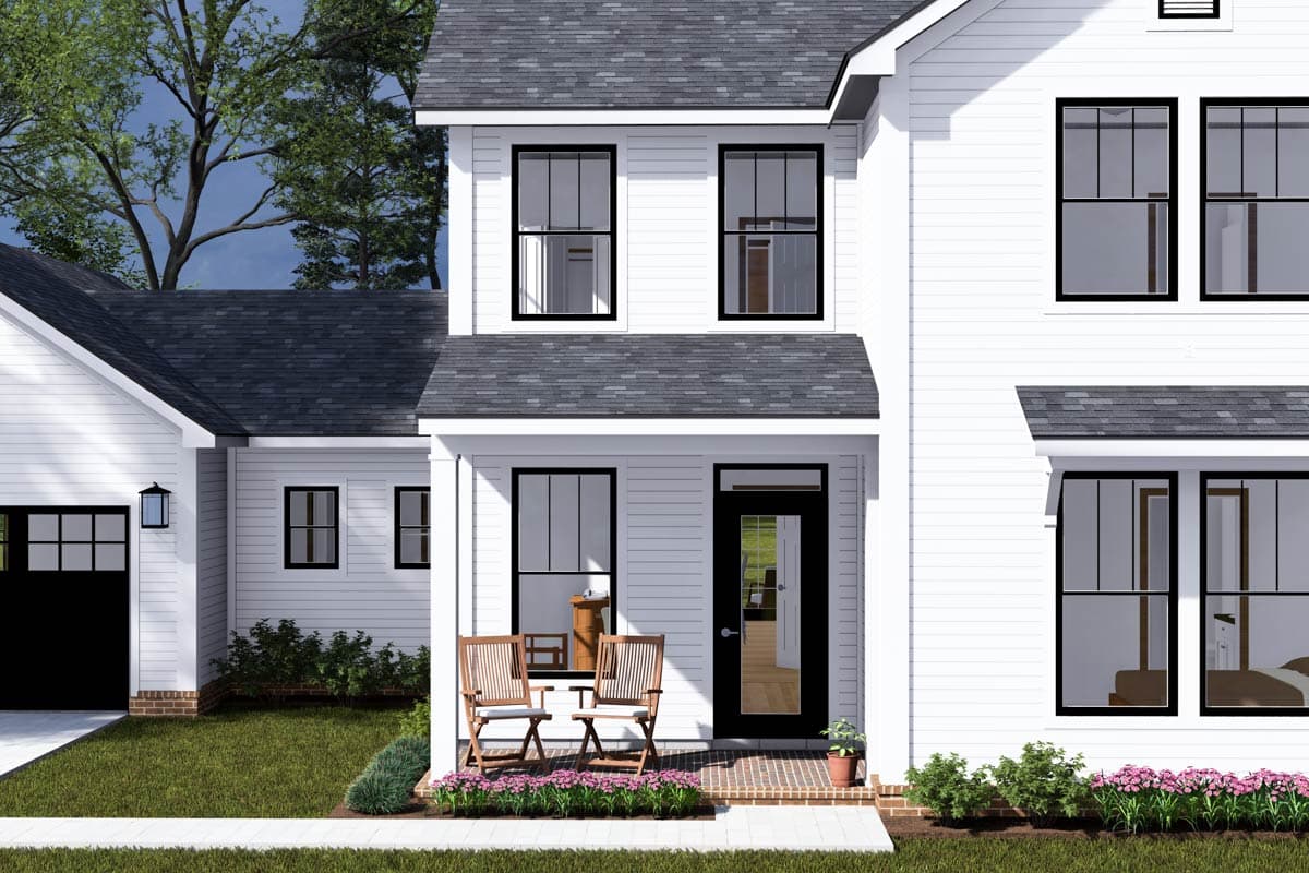 Modern Farmhouse house plan exterior, two stories, with a covered porch, black-framed windows, and attached garage.