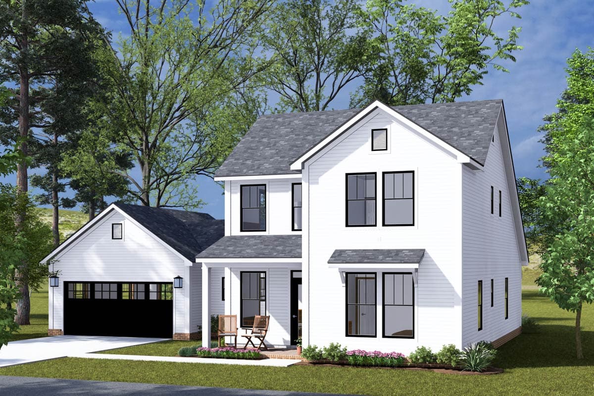House plan exterior: Modern Farmhouse style, two-story with gabled roof, covered front porch, and attached two-car garage.