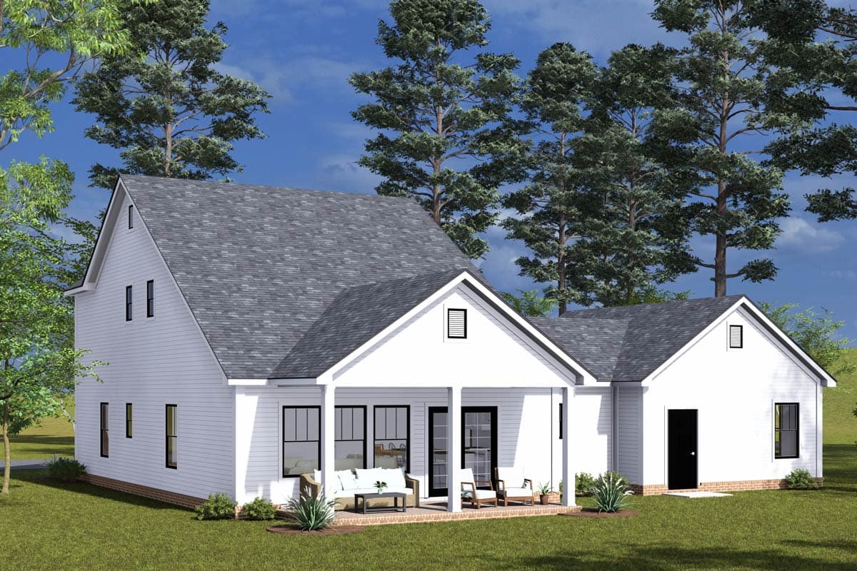 Modern Farmhouse house plan exterior with gabled roof, covered porch, and attached garage.