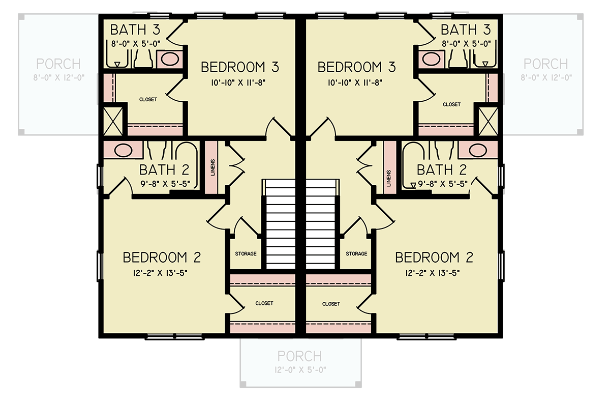 Plan 25846GE: Symmetrical Duplex House Plan with 3 Bedrooms - 1280 Sq  Ft Per Unit - Floor Plan - 2nd Floor - Country, Rustic