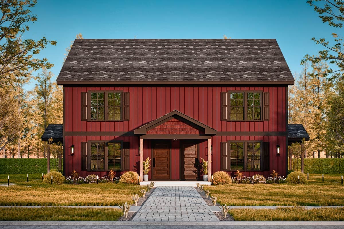 House plan exterior, two-story dwelling with board and batten siding, prominent gable over entrance, and dark-framed windows.