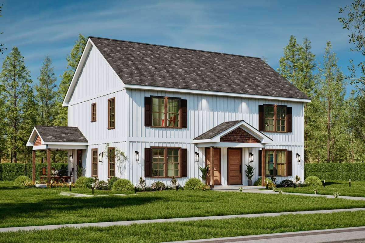 House plan exterior. Two-story Modern Farmhouse with gables, a porch with wood columns, and dark-trimmed windows with shutters.