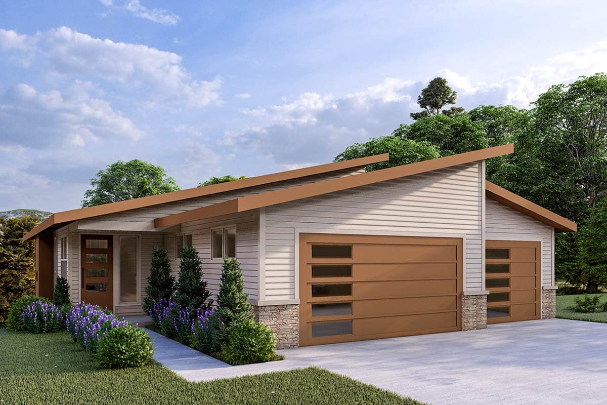 House plan exterior with modern style, featuring a low-sloped roof, stone accents, and a two-car garage with modern garage doors.