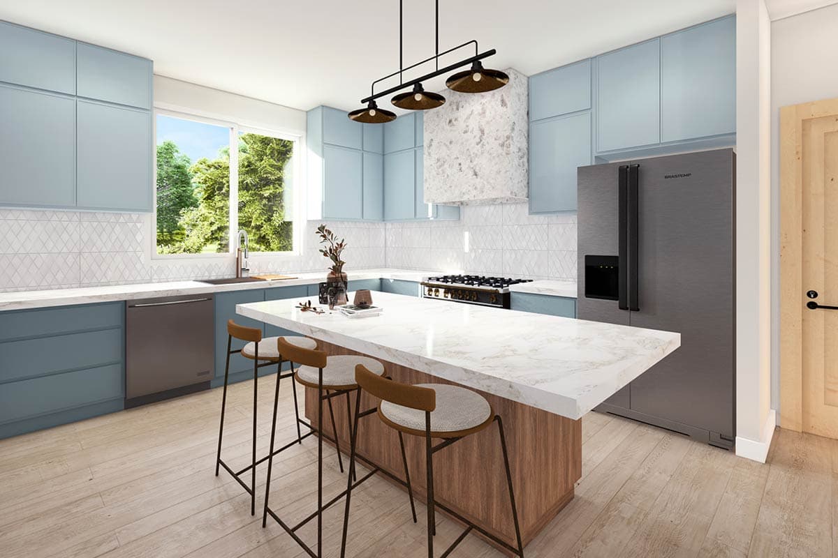 Kitchen rendering with light blue cabinets, island, stainless steel refrigerator and dishwasher, and large window.