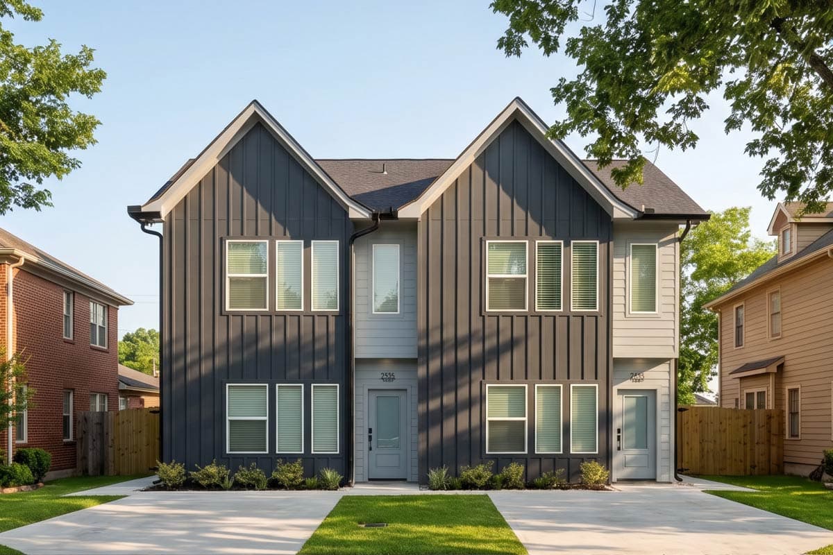 Plan 100347GHR: Two-Story Contemporary Duplex House Plan with 2 3-Bed Units Under 1400 Sq Ft - Image #1 - Contemporary