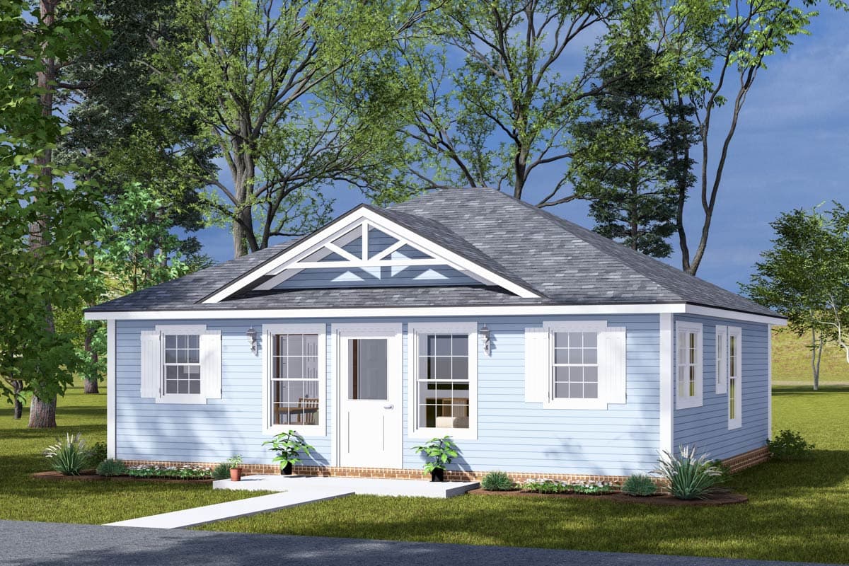 House plan exterior rendering. One-story cottage style with gabled roof, decorative gable end, and window shutters. Features a front door.