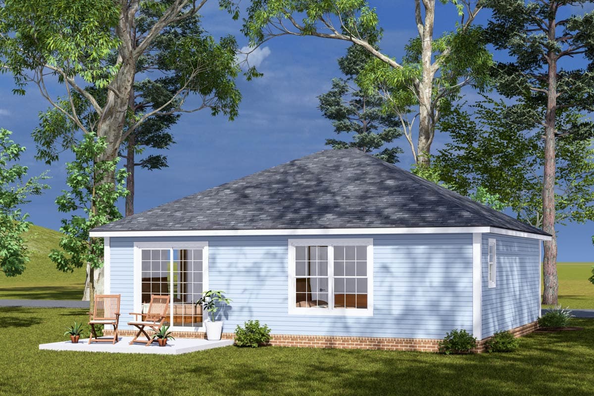 House plan exterior: Single-story home with a hip roof, horizontal siding, brick foundation, and multiple windows.