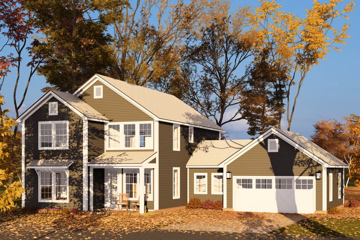 House plan exterior. Two-story Colonial with gabled roof, front porch, and attached garage. Exterior features include dormers and multiple windows.