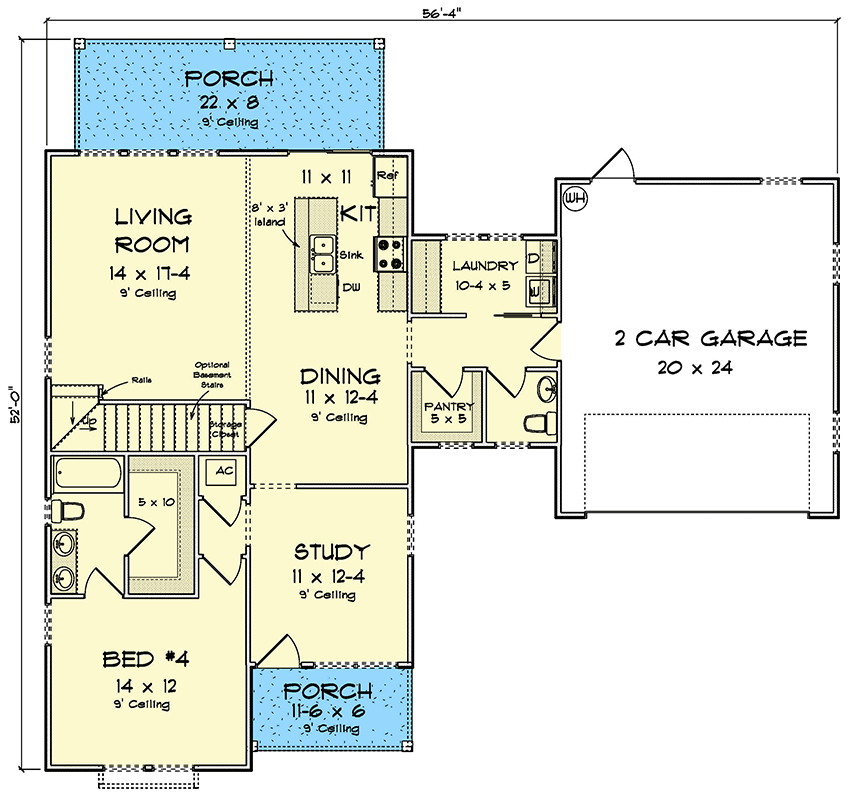 Plan 52412WM: Two-Story 4-Bed Shingle-Style House Plan with Dual Laundry - 2275 Sq Ft - Floor Plan - Main Level - Shingle, Traditional
