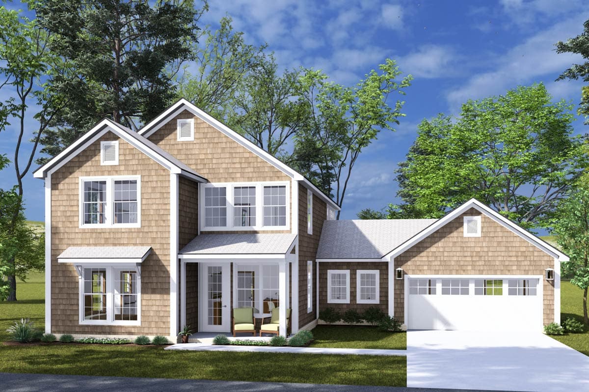 House plan exterior: two-story Modern Farmhouse with shingle siding, gables, dormers, covered porch, and front-facing garage.