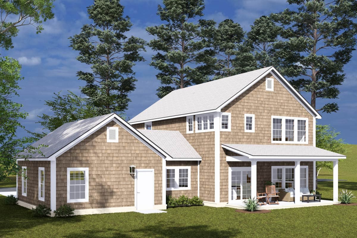House plan exterior view of a two-story home with cedar shingle siding, gables, and a covered porch.