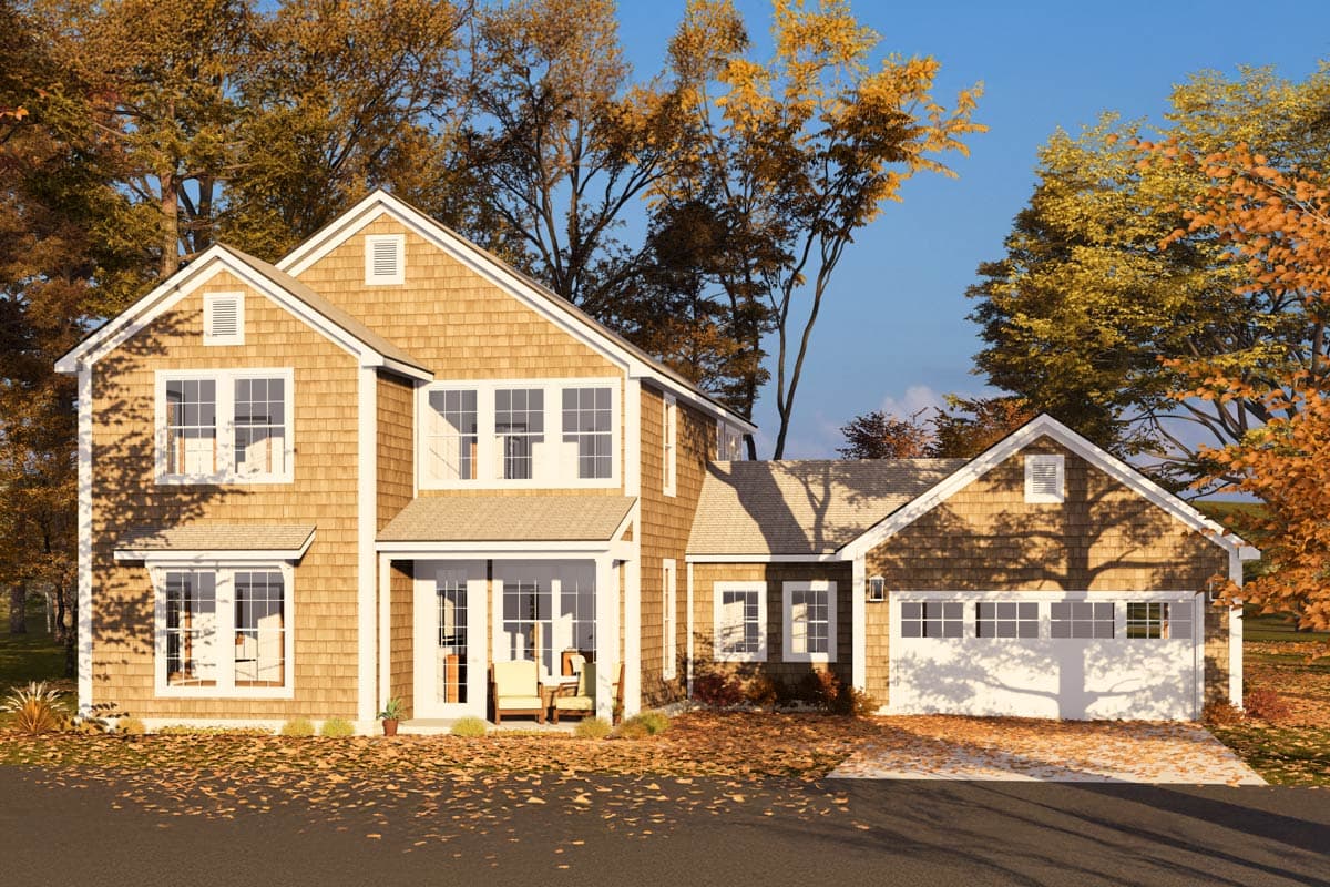 House plan exterior. Two-story Craftsman style home with gabled roof, shingle siding, covered front porch, and attached garage with overhead door.