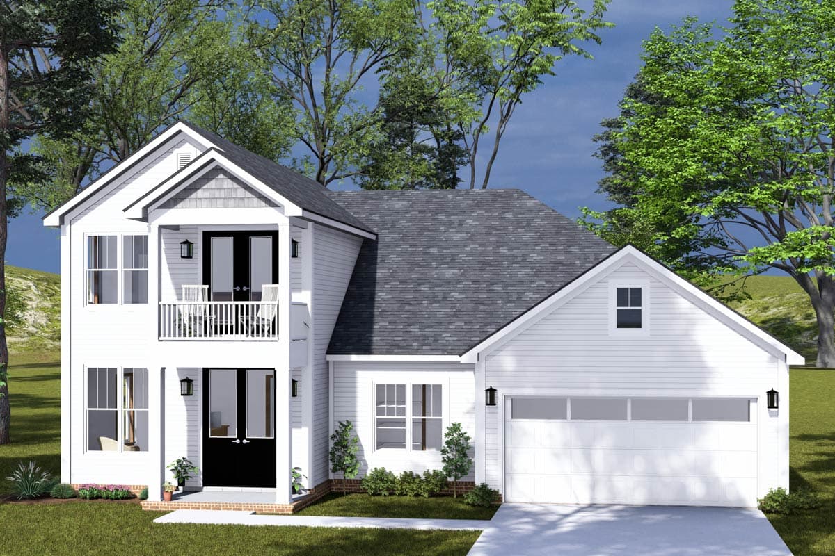 House plan exterior. Two-story home with a gabled roof, second-story balcony with railing, and attached garage. Featuring dormers and a front porch.