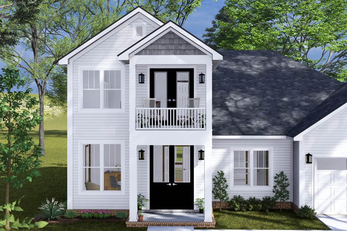 Two-story house plan exterior with gabled roof, second-story balcony, and prominent front entrance with double doors.