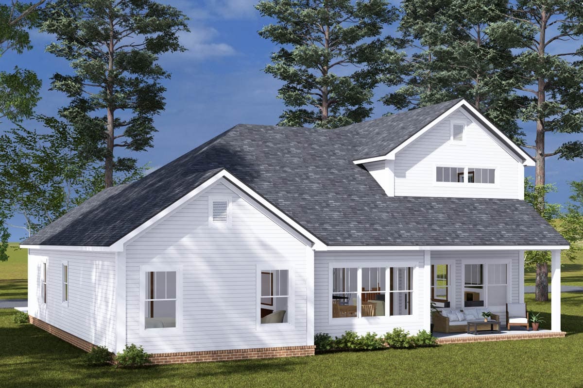 House plan exterior: Two-story modern farmhouse with gables, dormer, and covered porch.