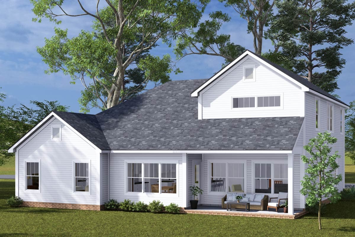 House plan exterior of a two-story home with a gable roof, dormer window, and covered porch with seating.