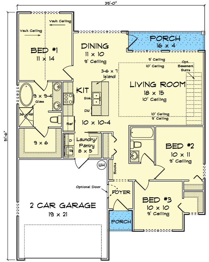 Plan 52414WM: Single-Story Country Ranch House Plan with Split-Bedroom Layout  - 1280 Sq Ft - Floor Plan - Main Level - Country, Ranch, Traditional