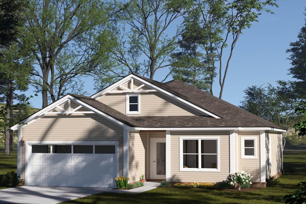 House plan exterior, tan siding, gable roof, dormer, attached garage, and decorative gable trim.